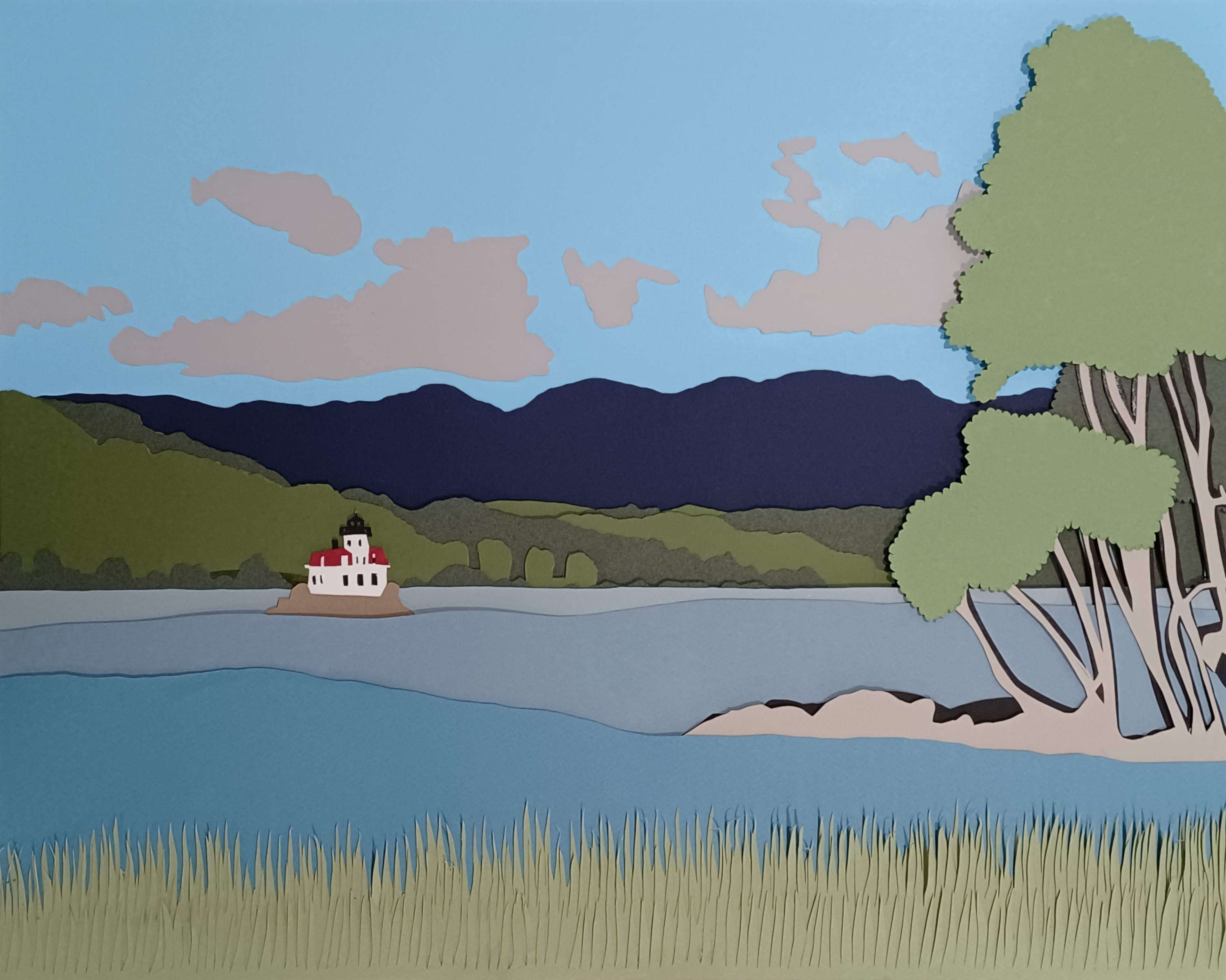 A lighthouse is perched on a stone outcropping in the
                  middle of a wide river. Tall, wavy grass-like weeds
                  span the foreground, with trees growing on a low rocky
                  peninsula behind them. The Catskill Mountains loom in
                  the distance with lush foothills before them.