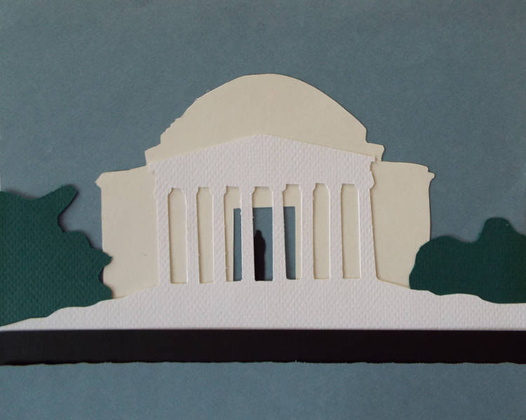 Colored paper cut-and-layered to represent the Jefferson Memorial viewed from the north.