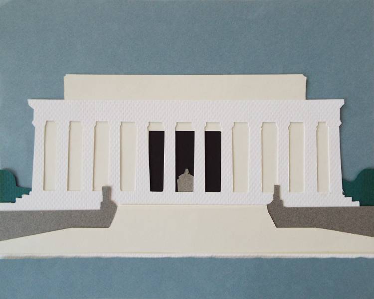 Colored paper cut-and-layered to represent the Lincoln Memorial viewed from the east.