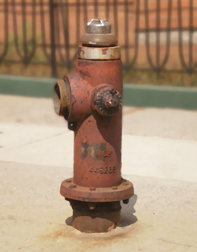 The Crack Whore: a thin, partly-rusted, red hydrant with a silver bonnet is missing a pumper nozzle cap.