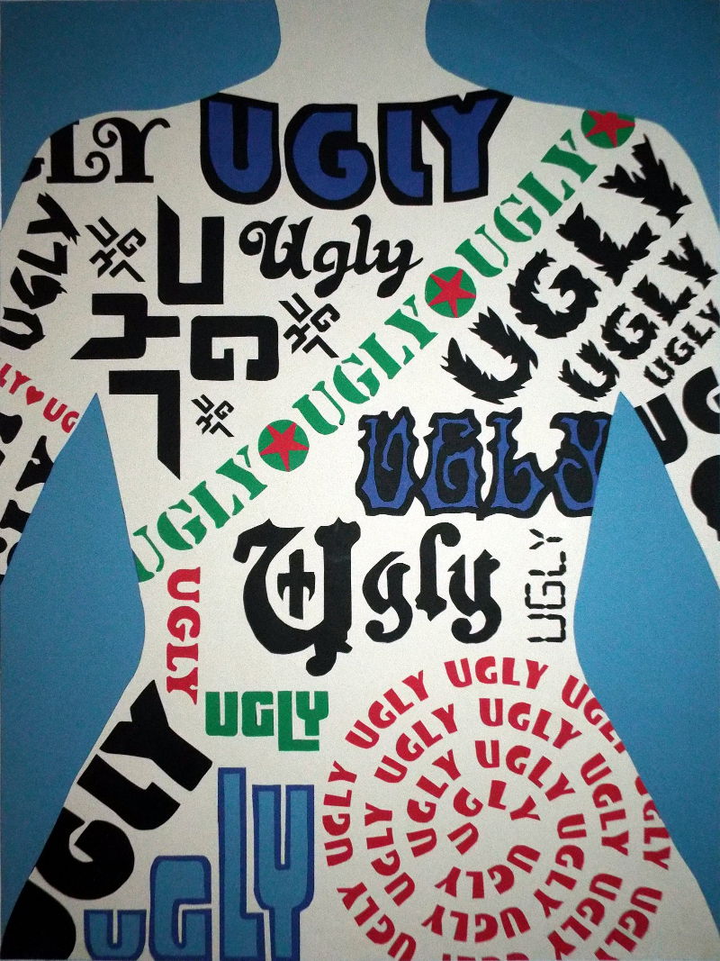 A portrait of a female's back, covered in tattoos that say
                     'ugly', made from cut-and-layered colored paper.