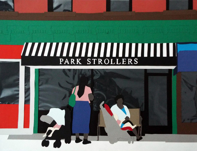 Colored paper cut-and-layered to represent an imagined scene in Park Slope, Brooklyn. A detailed description is provided in the hidden caption.