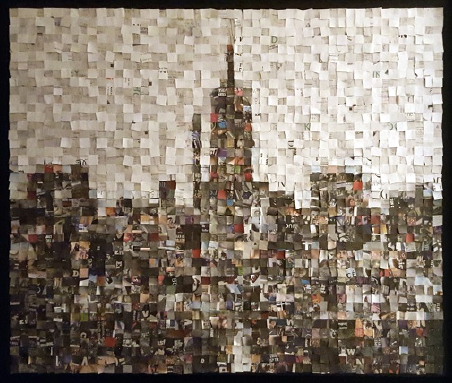 One-inch squares of newspaper are arranged in a 50×42 grid to depict Midtown Manhattan. A detailed description is provided in the hidden caption.