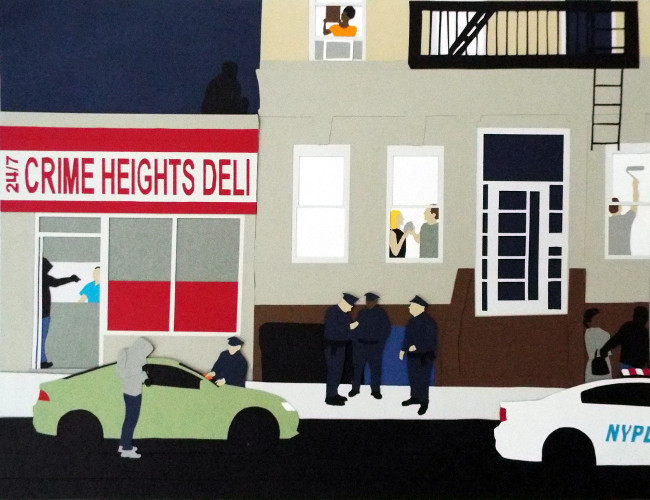 Colored paper cut-and-layered to represent an imagined scene in gentrifying Brooklyn. A detailed description is provided in the hidden caption.